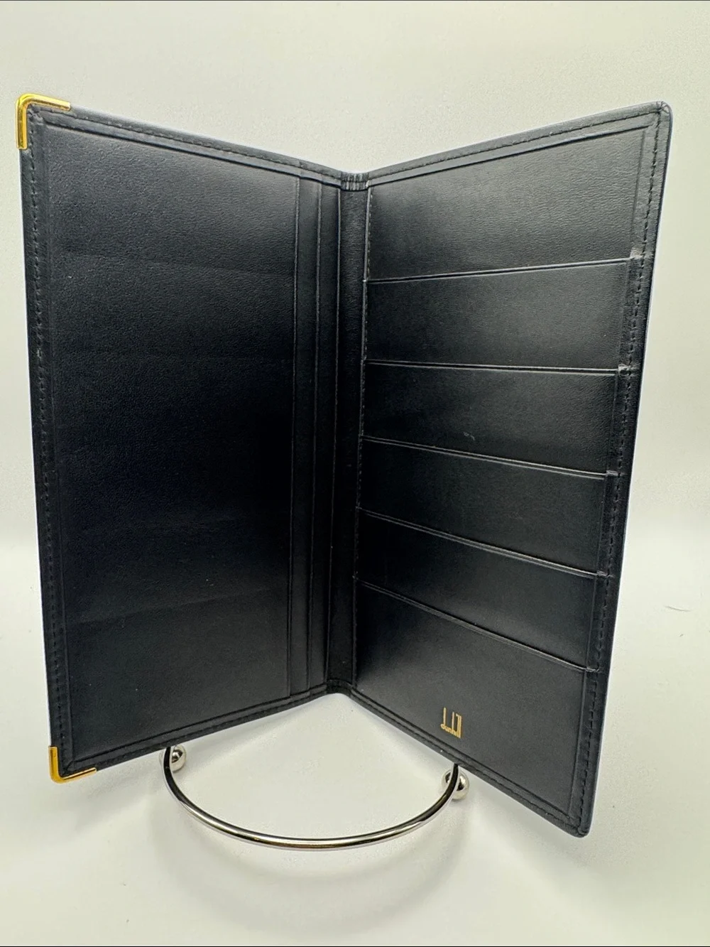 Dunhill Black Leather Folio Phone Case with Gold Corner and Logo Accents